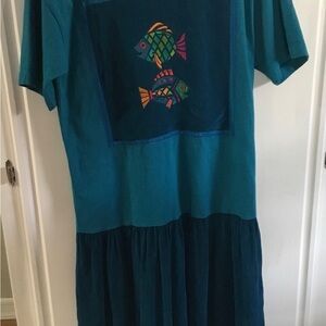 Johnny Was TShirt Maxi Dress Womens size S Green Embroidered Fish  #I
